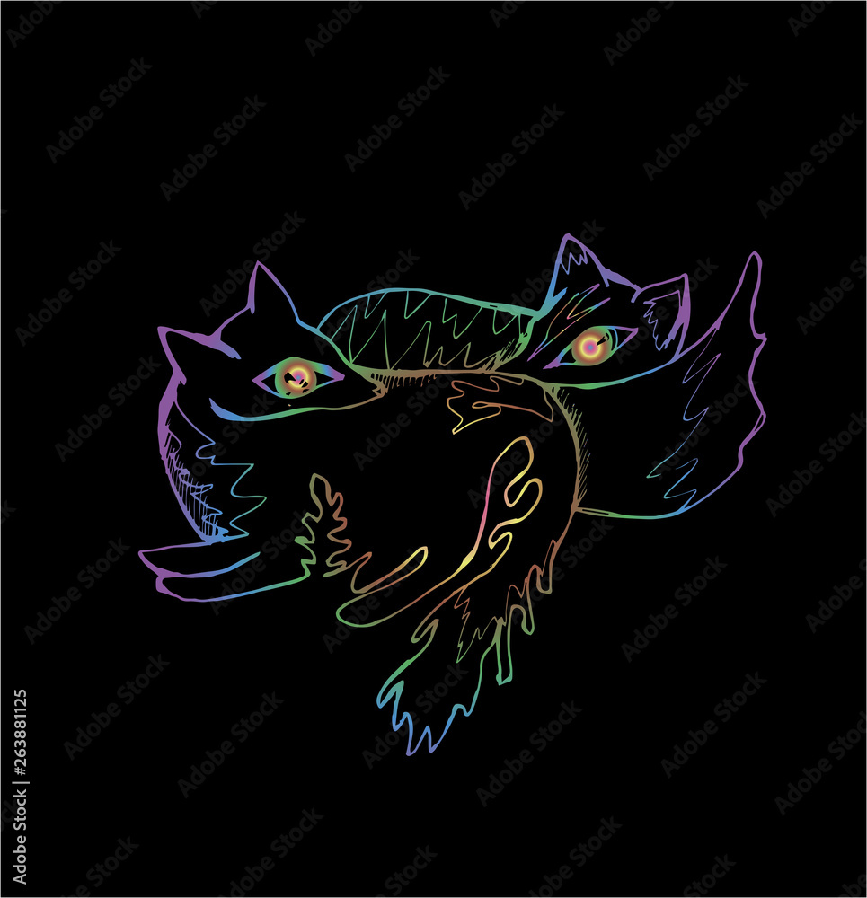Obraz premium Neon illustration of two resting foxes. Love and tenderness.