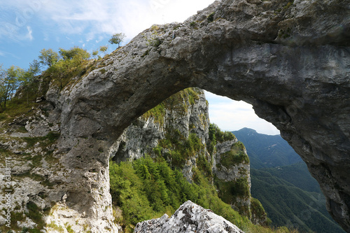 Alpi Apuane, Forte dei Marmi, Lucca, Tuscany, Italy. Arch of the Passo del Monte Forato. The town is considered of Community-environmental interest by the EEC.