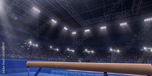 Professional gymnastic gym with balance beam. Tribunes with fans. 3D illustration