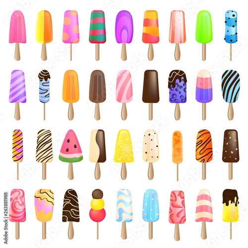 Popsicle icons set. Cartoon set of popsicle vector icons for web design
