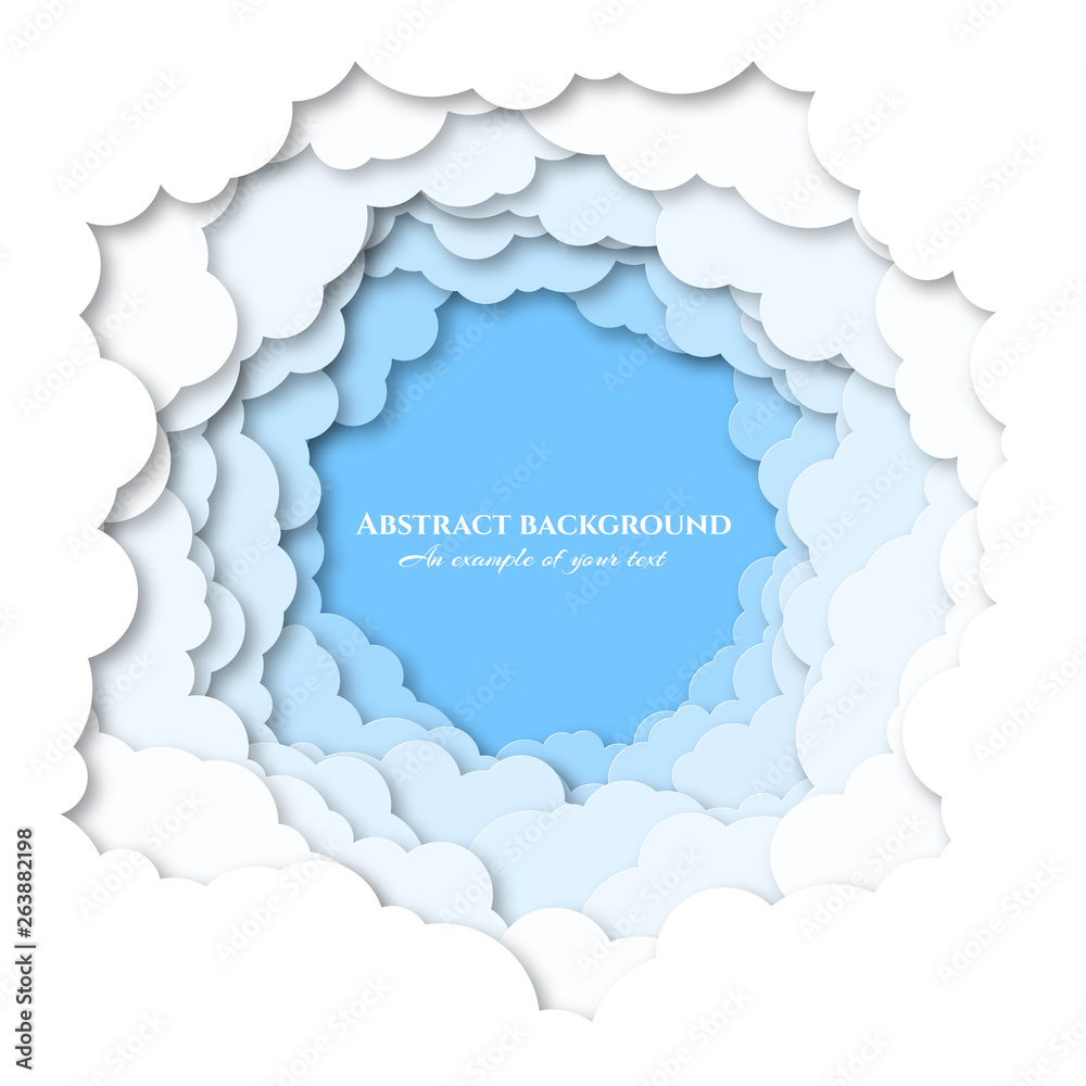 The sky is visible through a large number of Obaks. Cumulus in a circle. Paper cut design for packaging, advertising, books, invitations, booklets. Day. Vector illustration