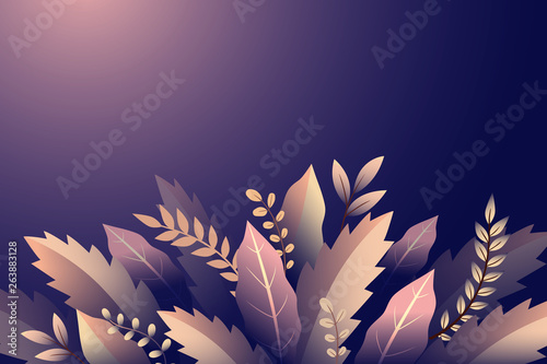 Design with branches and leaves, floral ornament on violet background