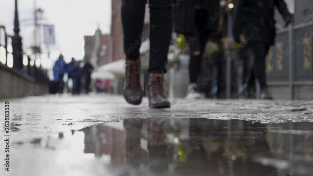 Slow Motion Splash From Girl Walking in Street Puddle. Close-Up View of puddle with reflection. 180fps Splash Slow Motion Splash From Girl Walking in Street Puddle. Close-Up View of puddle with reflection. 180fps Splash