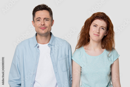 Upset man and woman feel down about unpleasant life situation
