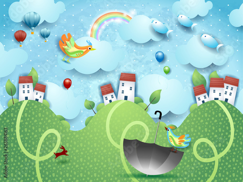 Fantasy landscape with hills, umbrella and flying fishes
