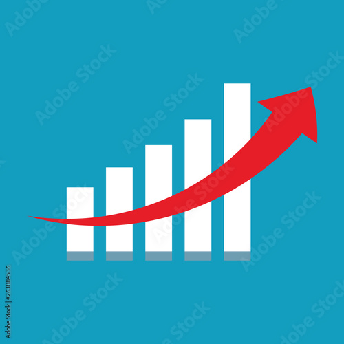 Candle stick graph chart with red arrow up. Growth chart with red arrrow on blue background, vector.