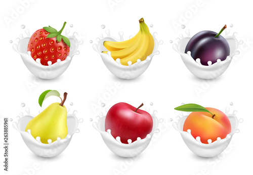 Fototapeta Naklejka Na Ścianę i Meble -  Set of fruit in a milk splash. Fruits yogurt. 3d realistic vector