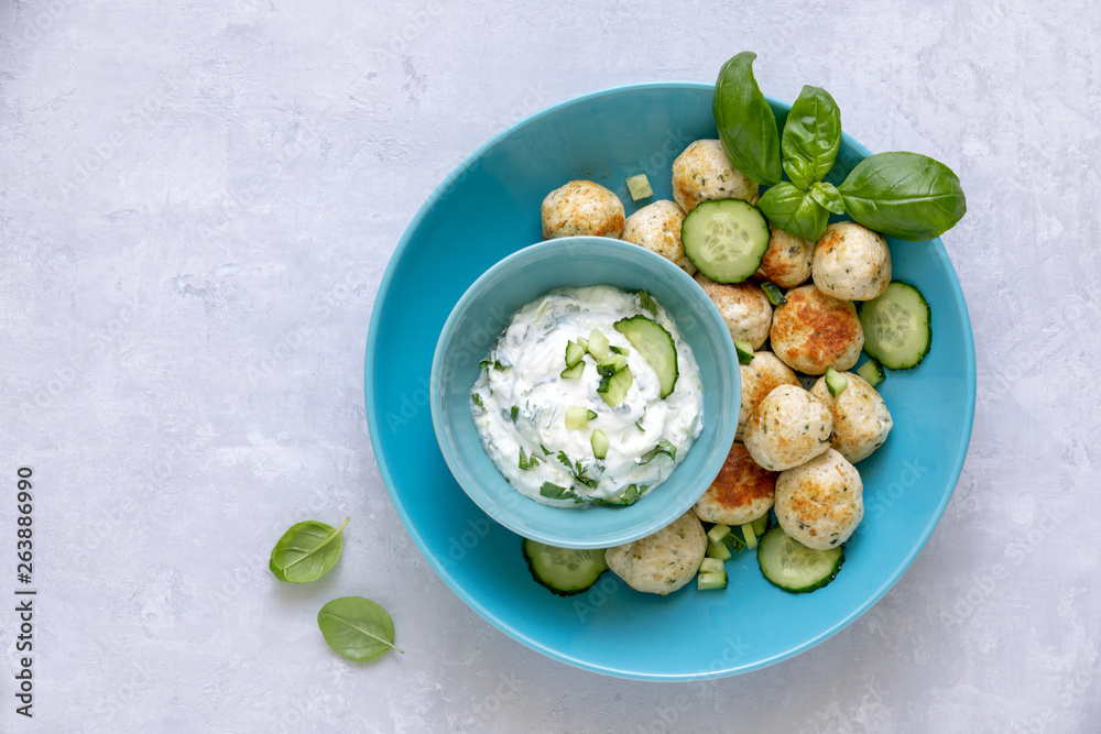 Turkey or chicken Greek meatballs with tzatziki sauce Turkey or chicken Greek meatballs with tzatziki sauce