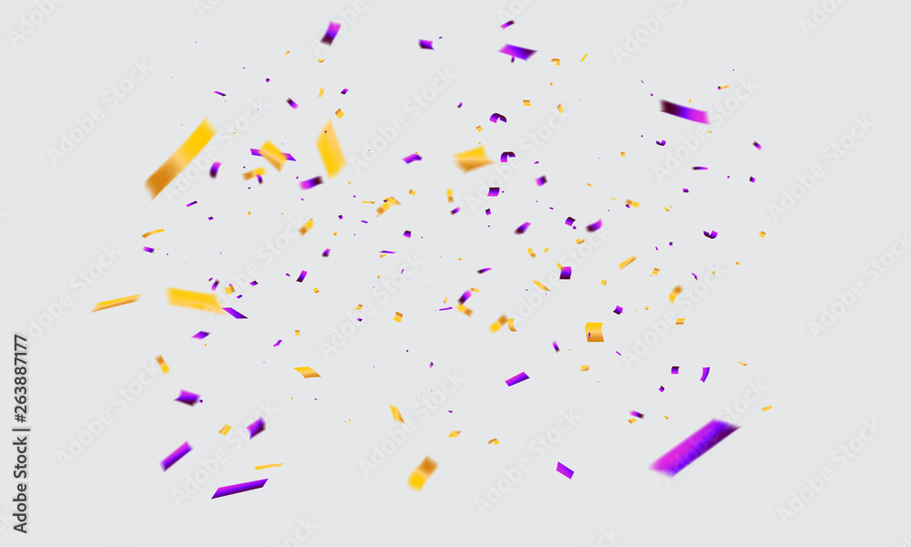 purple Yellow confetti Celebration carnival ribbons. luxury greeting rich card. - obrazy, fototapety, plakaty 