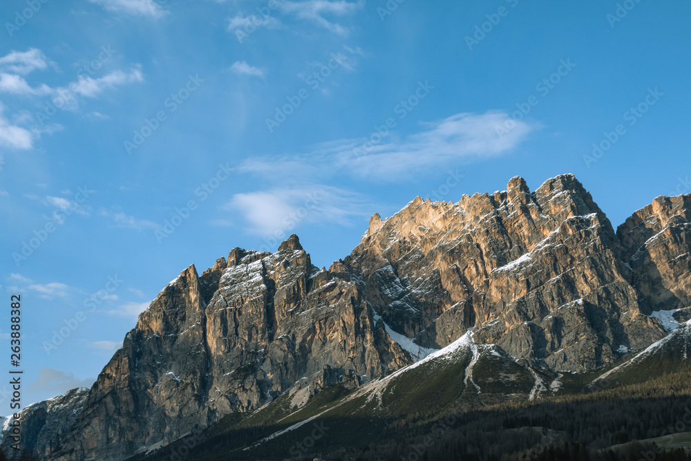Alps, Dolomites, Italy view of mountains in winter.