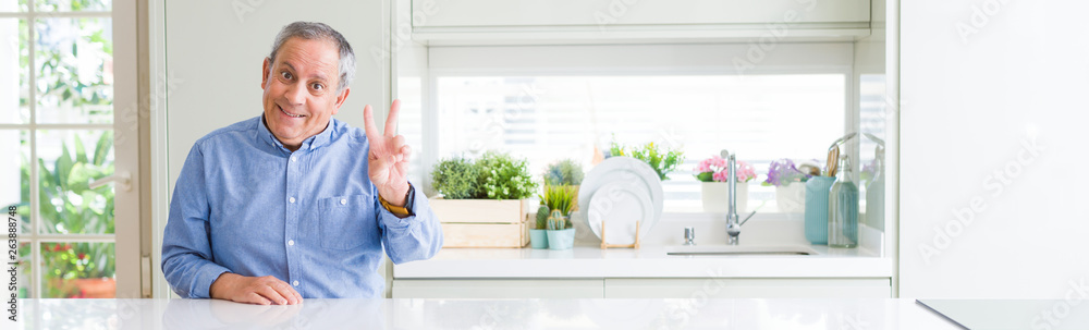Wide angle perspective of handsome senior man at home smiling with happy face winking at the camera doing victory sign. Number two. Wide angle perspective of handsome senior man at home smiling with happy face winking at the camera doing victory sign. Number two.