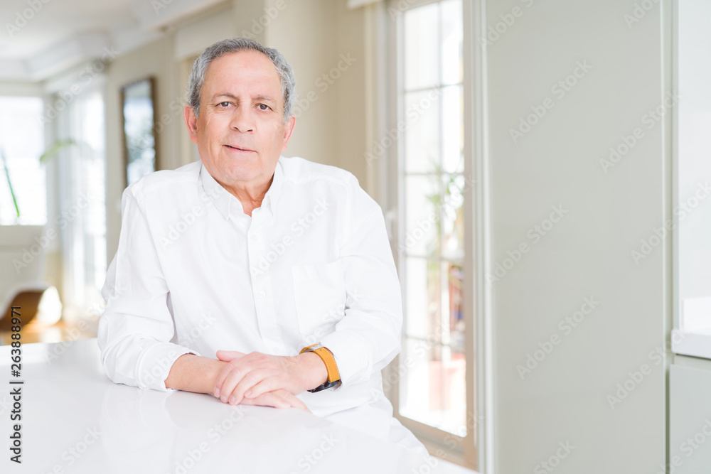 Fototapeta premium Handsome senior man at home with serious expression on face. Simple and natural looking at the camera.