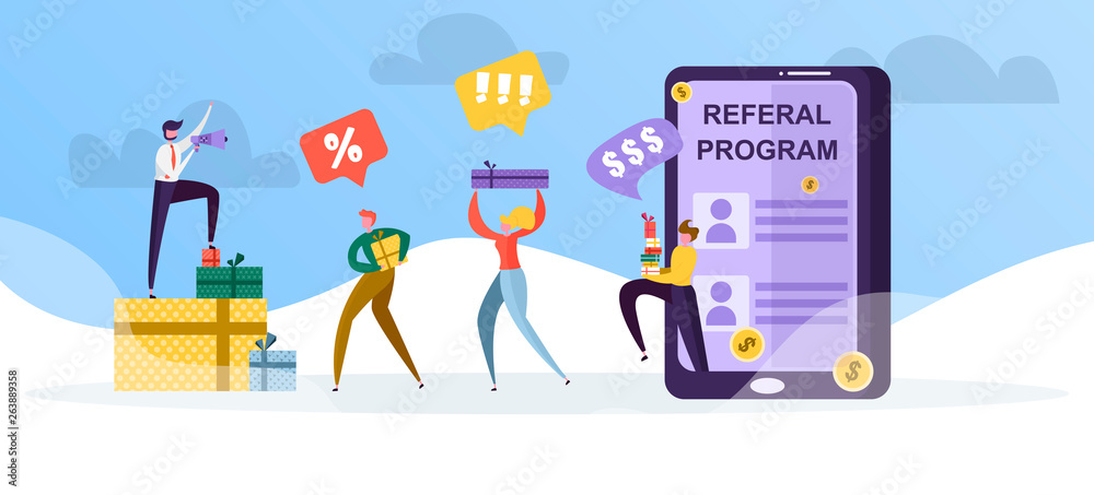 referral program for users, gifts, money and discounts for friends, a man is calling for new users of the referral program through a megaphone, Vector illustration for web site and landing page referral program for users, gifts, money and discounts for friends, a man is calling for new users of the referral program through a megaphone, Vector illustration for web site and landing page