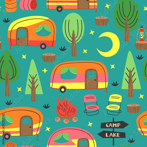 seamless pattern with  camping  trailer  - vector illustration, eps