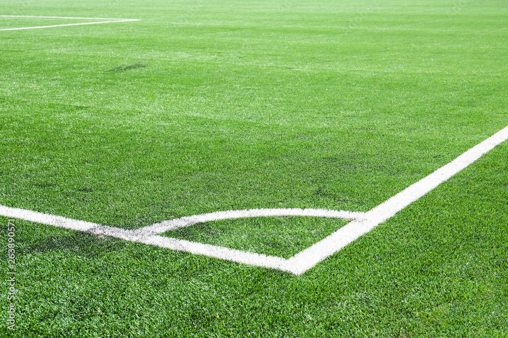 White line corner on the green soccer field
