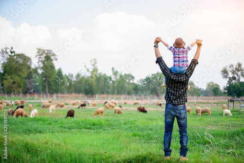 Father, let the children stand on the flow, lift their hands in the sky. See the sheep on their farm and point their hands toward the sheep happily. © bunyarit