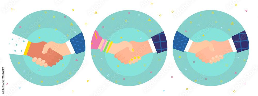 Concept of success deal, happy partnership, greeting shake, casual handshaking agreement. Shaking hands.