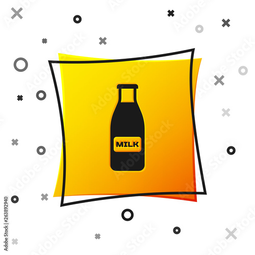 Black Closed glass bottle with milk and cap icon isolated on white background. Yellow square button. Vector Illustration