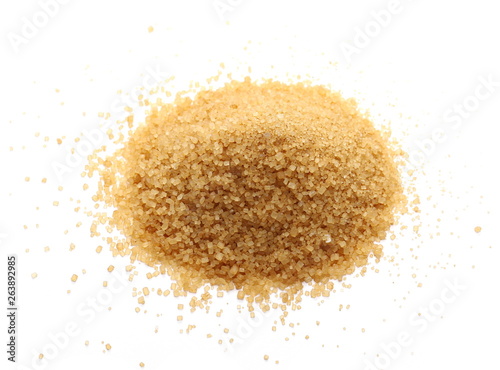 Brown cane sugar pile isolated on white background and texture