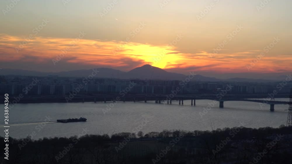 Panorama view on Gayang bridgeat sunset in Seoul, hills, Han river Panorama view on Gayang bridgeat sunset in Seoul, hills, Han river