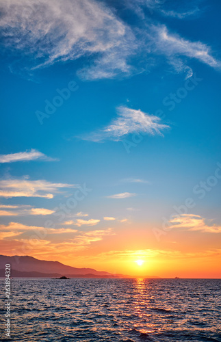View of the sunset over Greece from Albania. The Ionian Sea.