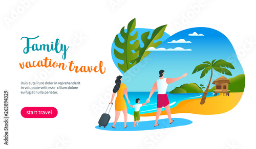 Young family walking along a tropical beach to a bungalow. Family vacation travel. Modern vector illustration