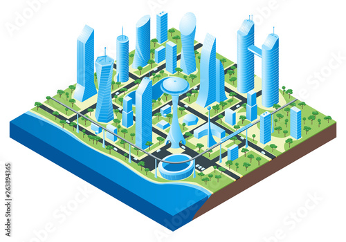 Isometric futuristic cityscape. Vector illustration of city with buildings, cars and trees