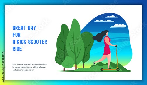 Young woman riding a scooter in a city park. Great day for a kick scooter ride. Modern vector illustration