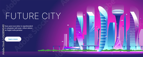 Futuristic night cityscape. Vector flat illustration of city with buildings, cars and trees