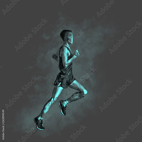 Pencil drawing illustration of a running man. Dynamic sketch on with blue drawing of contrasting places.