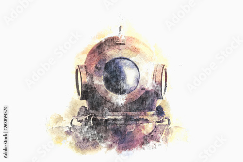 Watercolor illustration. A helmet from an old diving suit.