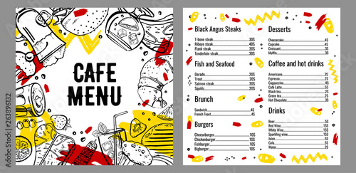 Cafe menu two page design template with list of steaks, fish, burgers, drinks, coffee and deserts. Outline vector hand drawn sketch illustration with food on white background with colorful graphics