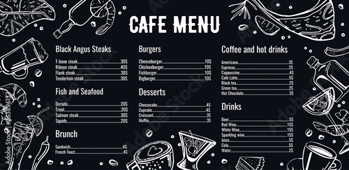 Cafe menu design template with list of meat, fish, burgers, drinks, coffee and desserts. Outline vector hand drawn sketch illustration with different food on on blackboard background