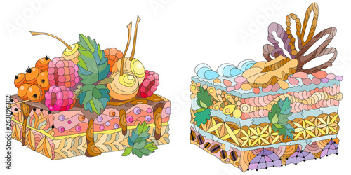 Vector pieces of cake with abstract ornaments.