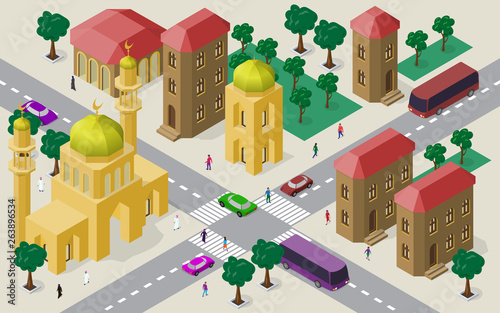 Isometric cityscape of buildings, streets, mosque, roadway, cars, buses and people.