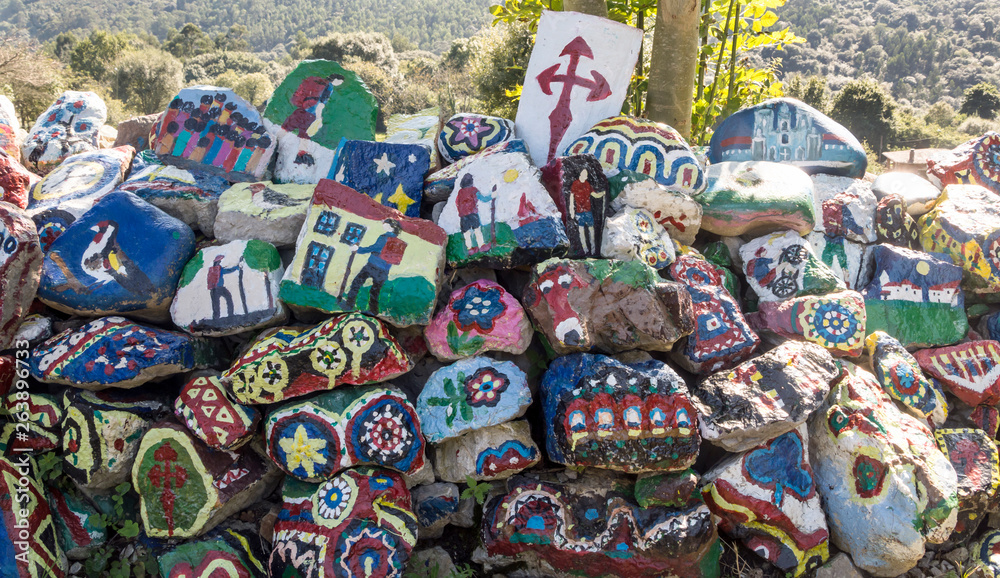 Decorated stones in the camino of Santiago in the north of Spain.