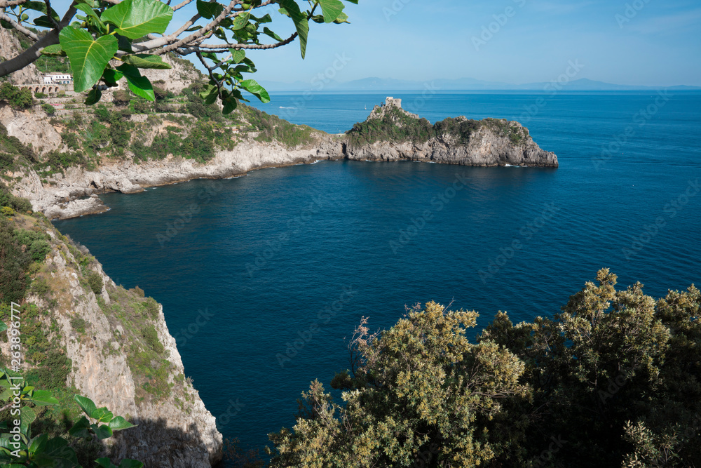 road trip Amalfi Coast, Italy. View on sea, blue sky, rocks