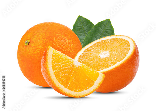 orange fruit with leaf isolated on white background . full depth of field