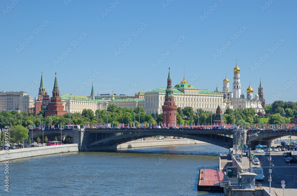 Moscow, Russia - June 15, 2018: Summer view of the Moscow Kremlin and the Big Stone bridge
