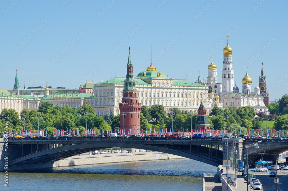 Moscow, Russia - June 15, 2018: View of the Moscow Kremlin and the Big Stone bridge on a Sunny summer day
