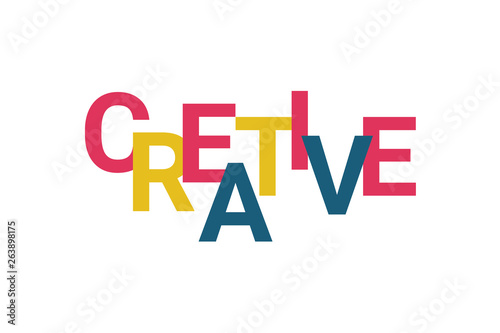 Graphic design of a word "creative" in playful way with blue, pink and yellow colors. Modern typography.