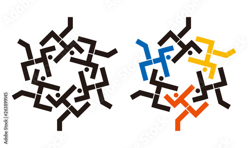   Running people icons in circular symbol. Geometrically stylized running human figures. Suitable for logo. Cooperation friendship symbols. Vector available.