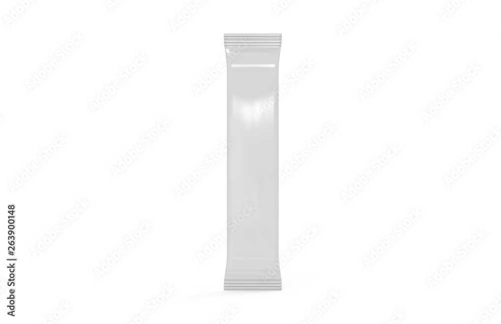 Stick sachet packaging for coffee, salt, sugar, tea, pepper or spices, mock up template on isolated white background, 3d illustration Stick sachet packaging for coffee, salt, sugar, tea, pepper or spices, mock up template on isolated white background, 3d illustration