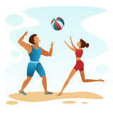 Young man and woman in shorts and T-shirts play with a big ball of volleyball on the beach in summer. Flat design, vector illustration.