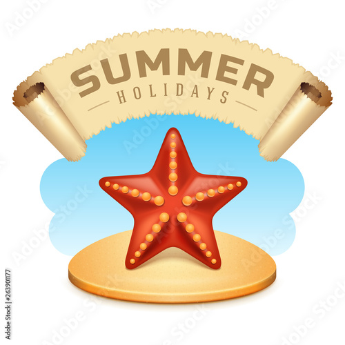 Beach tropical island and sea starfish summer holidays vector illustration.