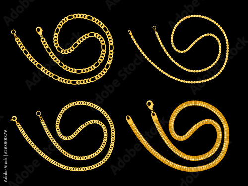 Rolled gold chain collection isolated on black. Gold metal fashion, accessory golden illustration vector