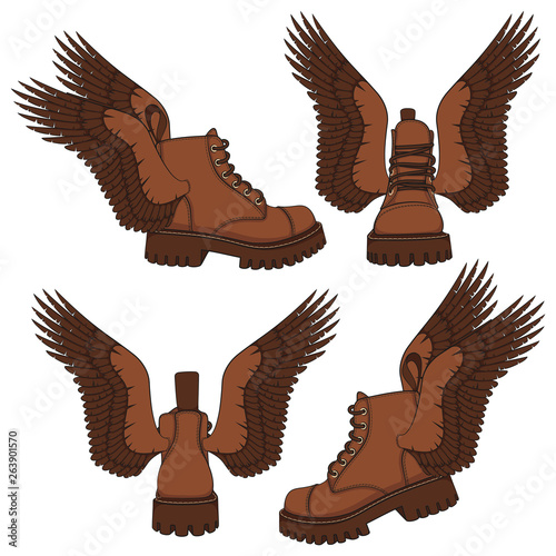 Set of color illustrations of brown boots with wings. Isolated vector objects on white background.