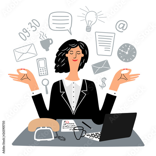 Secretary woman quietly meditates in workplace. Vector workplace office of secretary, meditation and calm illustration