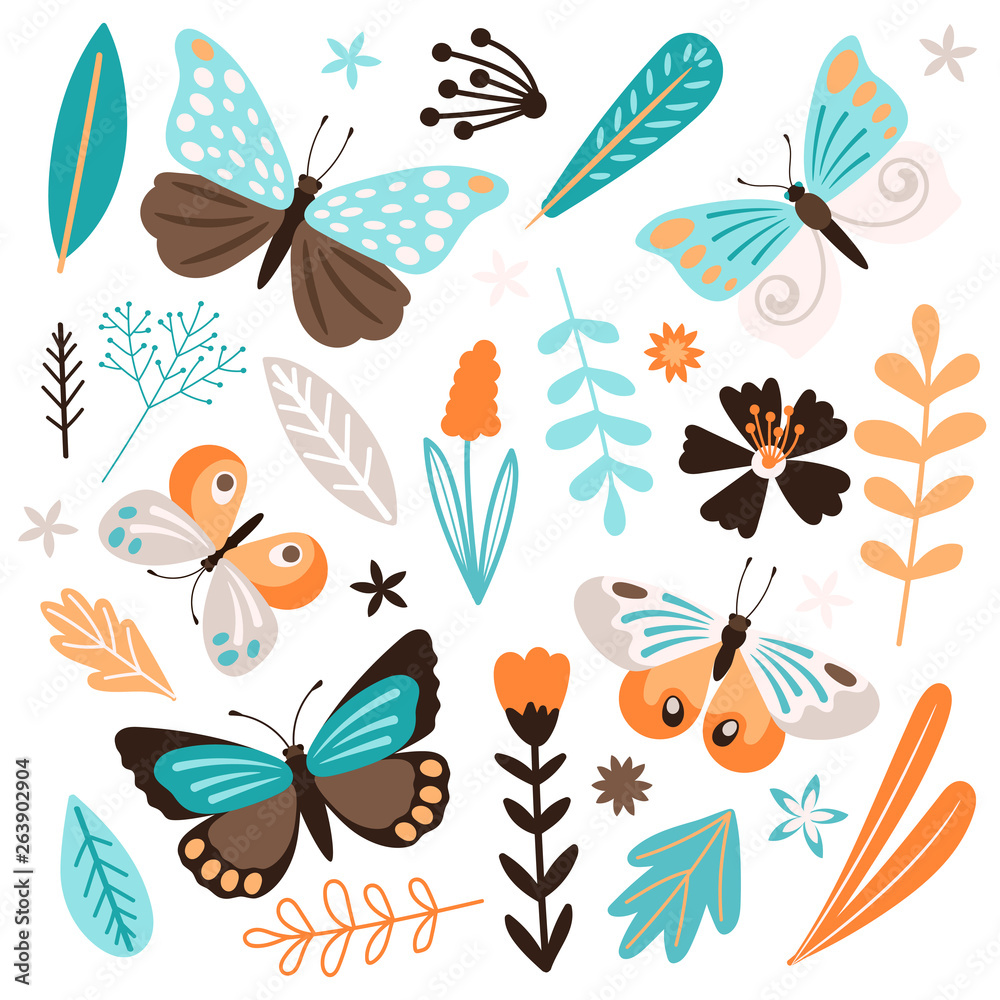 Butterflies and floral elements vector isolated on white background. Butterfly graceful, botanical springtime illustration Butterflies and floral elements vector isolated on white background. Butterfly graceful, botanical springtime illustration
