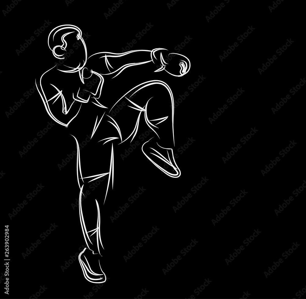 Fototapeta premium Silhouette of a karateka doing standing side kick, Flat Line Art Design.